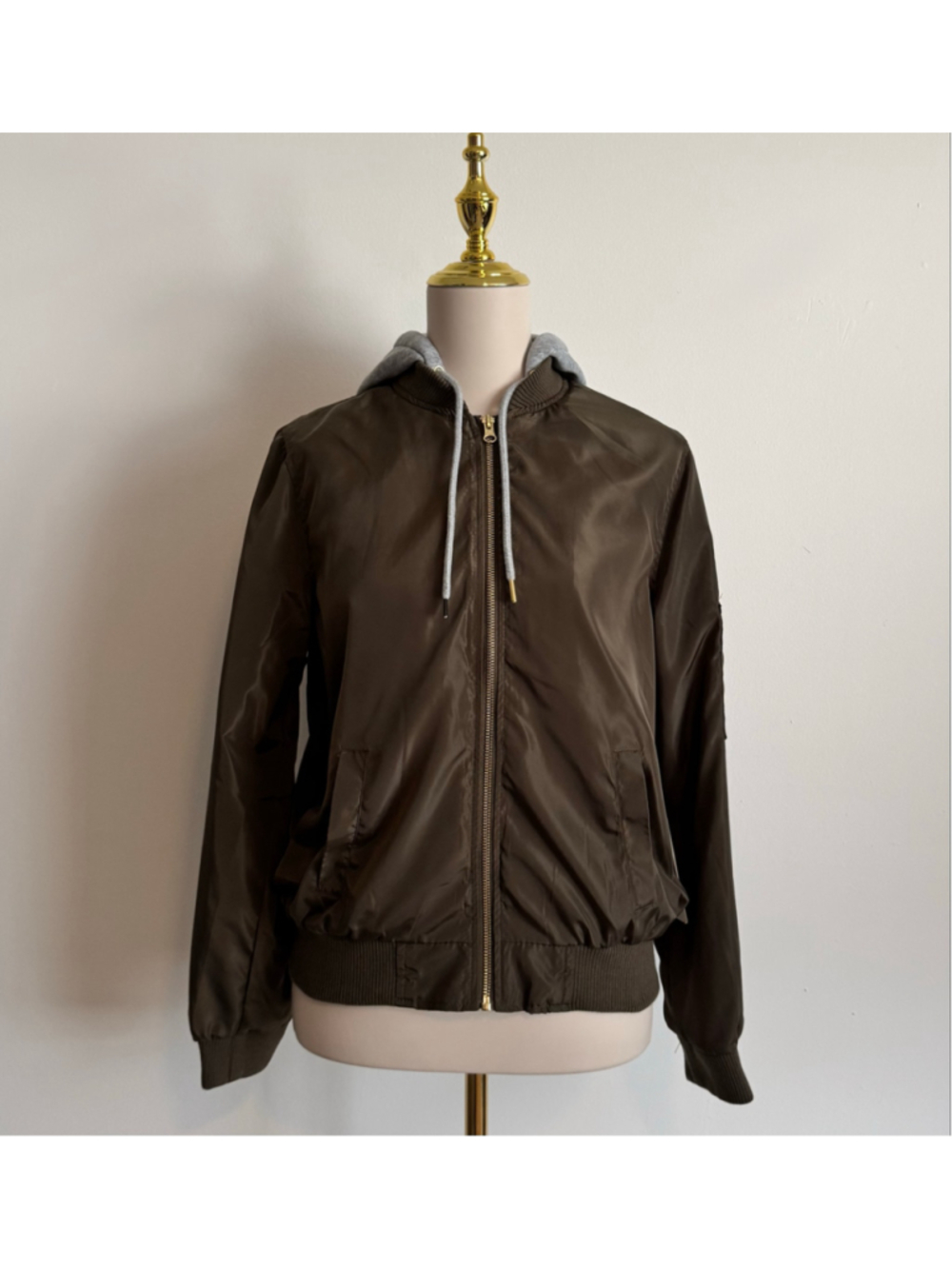 Women's New Look Bomber Jacket Size M Army Green Grey Hooded
